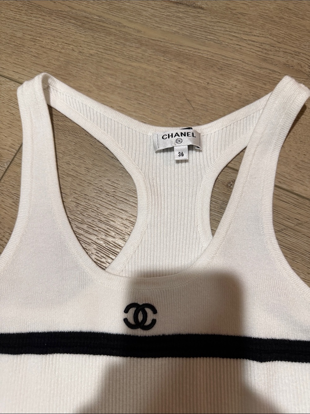 CHANEL White Ribbed Racerback Tank with Black Trim and CC Logo - Picture 3 of 3